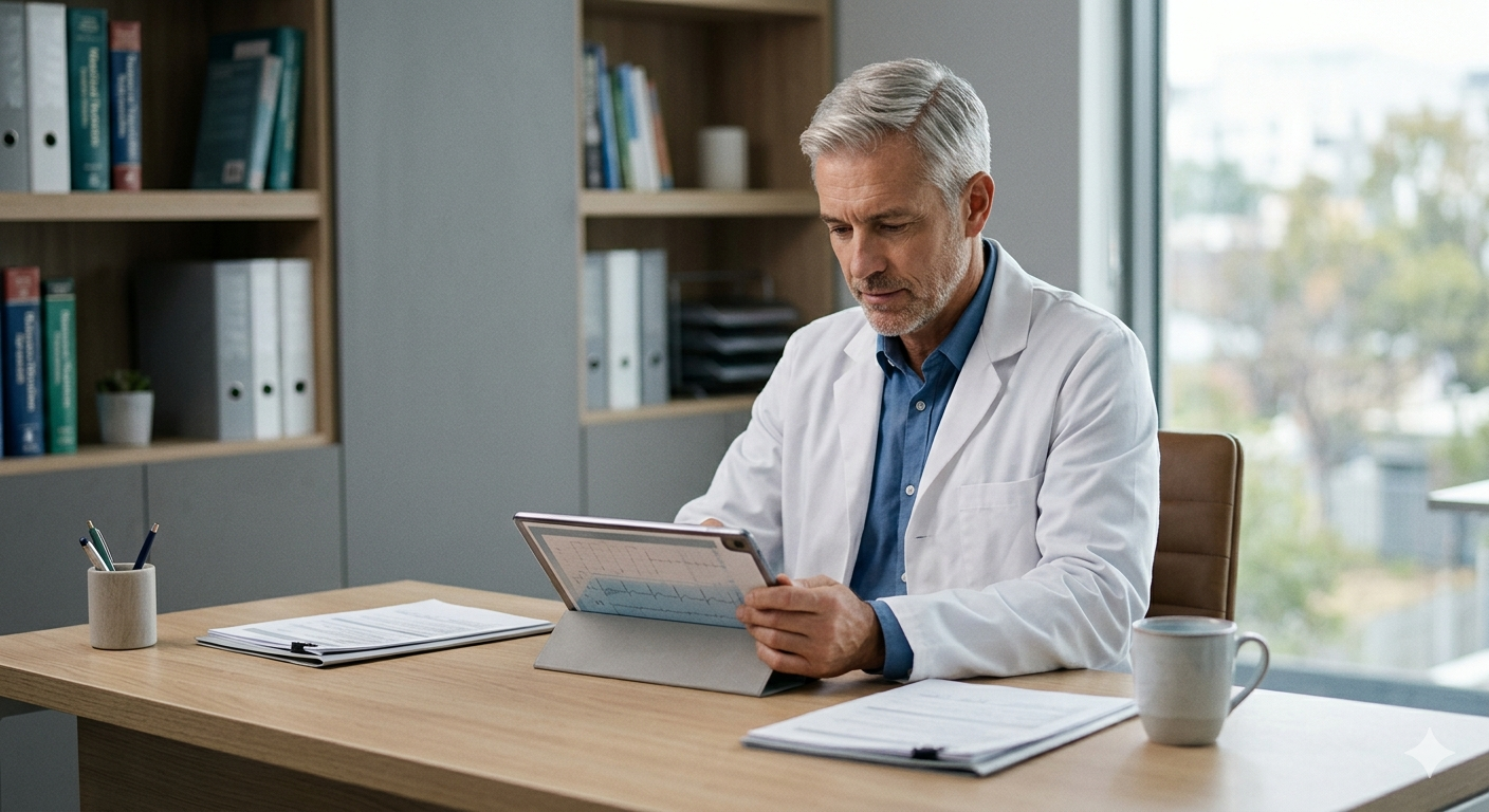 Medical specialist reviewing research on male hormonal health